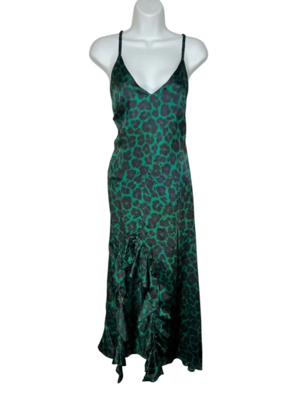 Sandro Amazonie Leopard Print Satin Midi Slip Dress Green Animal Print US 4 - Picture 7 of 16